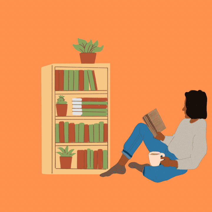 Girl sitting and reading near a bookshelf